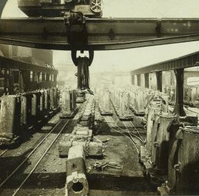 Yards, showing moulds and travelling crane, steel works, Pittsburg, Pa., U.S.A. 1868?-1915?