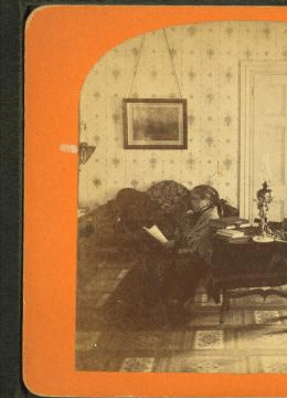 [Mrs. Metcalf, principal at Norton Seminary reading in her parlor.] 1869?-1880?