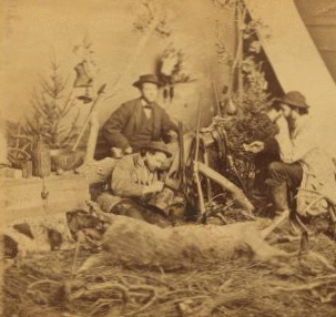 Studio view of hunters at dinner, showing camp, dead deer and hunting dog. 1865?-1875? ca. 1867