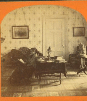 [Mrs. Metcalf, principal at Norton Seminary reading in her parlor.] 1869?-1880?