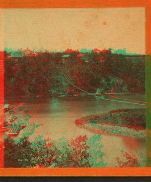 [View of a river with boats, trees, and a house.] 1865?-1899