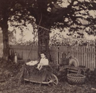 [A child sitting in a wheelbarrow with her doll, ax sharpener, rake, basket and watering can nearby.] [ca. 1880] 1870?-1890?