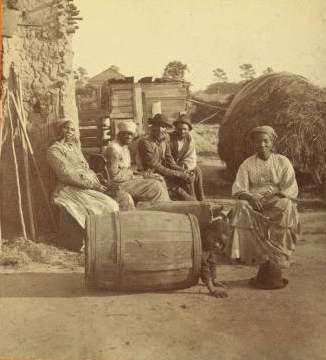 Little Bo Peep. [Group of men and women seated outside, child peeking out of a barrel in the foreground.] 1868?-1900?