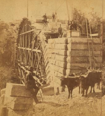 Sudbury River Conduit, B.W.W., div. 4, sec. 15, Oct. 18, 1876. View of south and east sides of east abutment of large arch. 1876 1876?-1878?