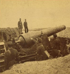 A 300 pounder (parrot gun [Parrott rifle]) on Morris Island, S.C., firing on Fort Sumter. 1880?-1891? 1861-1865 one view copyright 1904