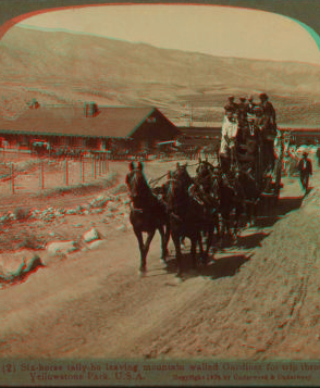 Six-horse tally-ho leaving mountain walled Gardiner for trip through Yellowstone Park, U.S.A. 1901, 1903, 1904