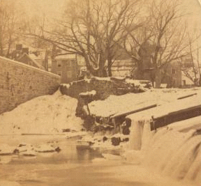 A mill-dam, Frankford Creek, [Pa.] Scornful of a check, it leaps the mill-dam and wantons in the pelby gulf below. 1860?-1885?