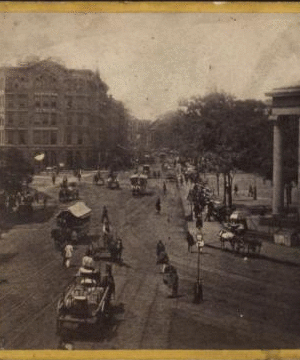 Park Row from Tryon Row, the City Hall Park on the right, showing the Times Building, and a distant view of St. Paul's Church. 1860?-1875? ca. 1865