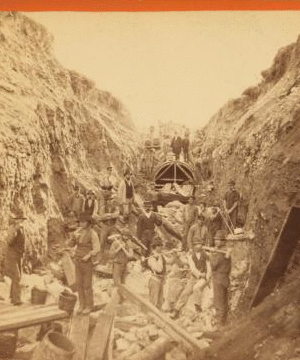 Sudbury River Conduit, B.W.W., div. 4, sec. 17, Nov. 13, 1876. View near rock-cut showing ledgemen in the foreground and brickmasons in the background. 1876 1876?-1878?