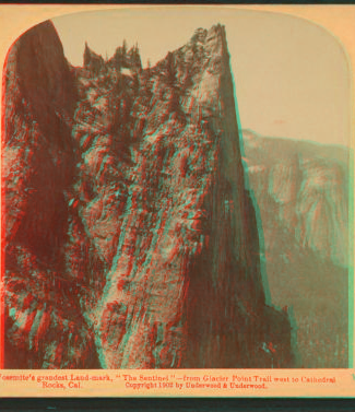 Yosemite's grandest land-mark 'The Sentinel', from Glacier Point Trail west to Cathedral Rocks, Cal. 1893-1904