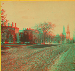 [View of street with large buildings and a church.] 1865?-1885?