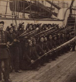 Group of soldiers charging with bayonets, on board of the Italian man of war Re Galantuomo, in New York Harbor, 1862. 1862 1859?-1875?