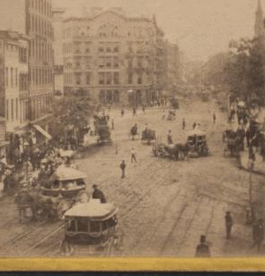 Park Row from Tryon Row, the City Hall Park on the right, showing the Times Building, and a distant view of St. Paul's Church. 1860?-1875? ca. 1865