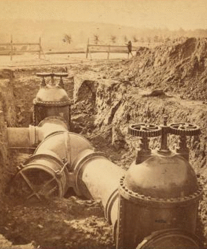 View of gates on Sudbury River pipeline below effluent gate house, Chestnut Hill Reservoir, looking south. Oct. 31, 1877. 1877 1876?-1878?