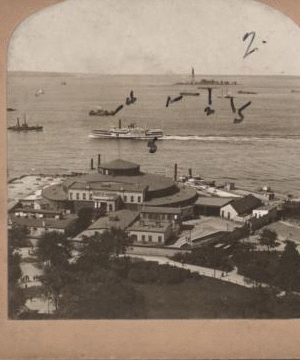 Beautiful New York, showing Castle Harbor and Liberty Statue, New York, U.S.A. [aerial view, ships steaming in harbor]. 1865?-1910? [ca. 1880]