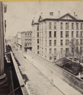 Perspective view of Duane St., showing portion of City Hospital. [1867] [1860?-1880?]