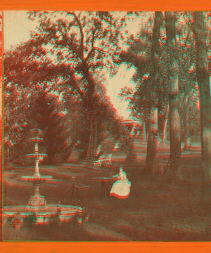 [Woman seated at table with fountain, swing, and bench nearby.] 1870?-1890? 1870-1890