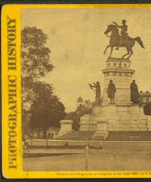 Washington Monument, in the Capitol grounds, Richmond, Va. The statues around the centre [sic] base are those of Patrick Henry, Thomas Jefferson & Mason. 1861-1865