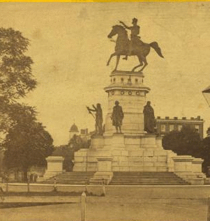 Washington Monument, in the Capitol grounds, Richmond, Va. The statues around the centre [sic] base are those of Patrick Henry, Thomas Jefferson & Mason. 1861-1865