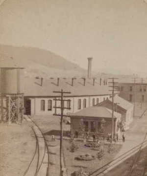 [Erie Railroad yard showing round house, watertower and switching yard.] [1869?-1880?]