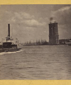 [View of a steamer and Brooklyn Bridge tower.] [1867?-1910?]