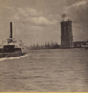 [View of a steamer and Brooklyn Bridge tower.] [1867?-1910?]