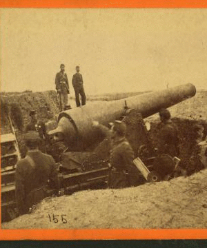 A 300 pounder (parrot gun [Parrott rifle]) on Morris Island, S.C., firing on Fort Sumter. 1880?-1891? 1861-1865 one view copyright 1904