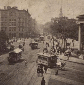 Park Row from Tryon Row, the City Hall Park on the right, showing the Times Building, and a distant view of St. Paul's Church. 1860?-1875? ca. 1865