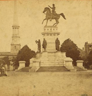 Washington Monument in the Capitol Grounds, Richmond, Va. Statues of Patrick Henry, Thomas Jefferson and Mason around the centre [sic] base. 1861-1865