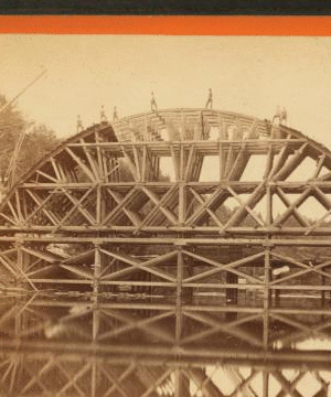 Sudbury River Conduit, B.W.W., div. 4, sec. 15, Sept. 13, 1876. View of centring of arch "A" (when almost completed) from east bank of river and looking down stream. 1876 1876?-1878?