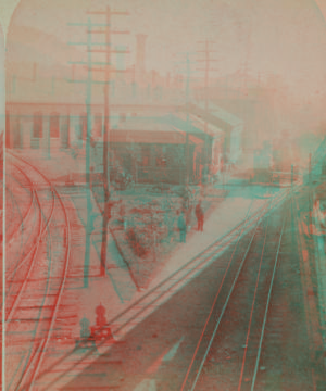 [Erie Railroad yard, showing locomotive and switching yard.] [1869?-1880?]