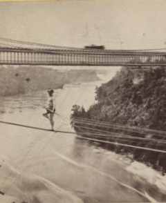 [Man crossing over the river on a cable wire, Niagara Falls.] [1863?-1870?]