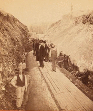 Sudbury River Conduit, B.W.W., div. 4, sec. 17, Nov. 13, 1876. View of brickmason gang, near rock cut, west of Walnut St. 1876 1876?-1878?