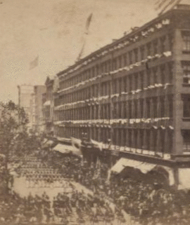 The Seventh Regiment arrive in front of the Metropolitan to escort the Embassy to the City Hall, June 18, 1860. 1859-1899 June 18, 1860