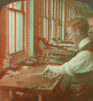 Expert workman cutting leather, shoe factory, Lynn, Mass., U.S.A. 1870?-1915?