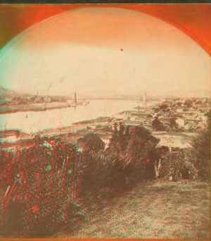 General view with the Cincinnati and Covingting suspension bridge and the Ohio river. 1865?-1895?