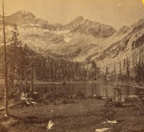 Alpine Lake, in the Cerro Blanco Mountains, Colorado. One of a group of ten lakes at the main head of Ute Creek. 11,000 feet above sea-level, Cerro Blanco Peak rises 14,269 feet above the sea, lying to the westward. 1874