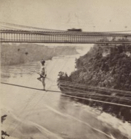 [Man crossing over the river on a cable wire, Niagara Falls.] [1863?-1870?]