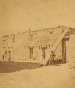 [View of an individual standing next to wooden beams that are leaning against an adobe structure.] 1870?-1885?