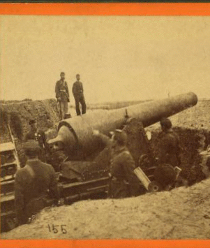 A 300 pounder (parrot gun [Parrott rifle]) on Morris Island, S.C., firing on Fort Sumter. 1880?-1891? 1861-1865 one view copyright 1904