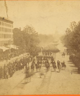 Sherman's Grand Army. Looking up Pennsylvania Avenue from the Treasury buildings. Maj. Gen. Jeff. C. Davis and staff and 9th Army Corps passing in review. 1861-1865