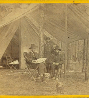 Lieut. Gen. Grant and chief of staff, Gen. Rawlins, at his head quarters, at Cold Harbor, Va. Taken June 14th, 1864. 1861-1865 1864