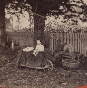 [A child sitting in a wheelbarrow with her doll, ax sharpener, rake, basket and watering can nearby.] [ca. 1880] 1870?-1890?