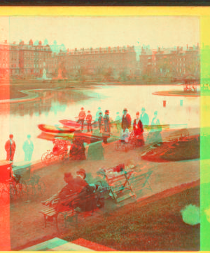 [Colorized view of people walking on a path and at the boat launch.] 1865?-1890?