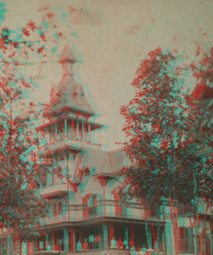 [Residential building, people gathered on porch, horse-drawn carriage in foreground.] 1870?-1890?