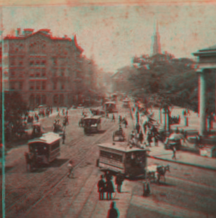 Park Row from Tryon Row, the City Hall Park on the right, showing the Times Building, and a distant view of St. Paul's Church. 1860?-1875? ca. 1865