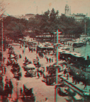 Looking north from the corner of Fulton Street showing Broadway and City Hall Park. 1860?-1875? [ca. 1860]