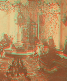 [Interior view with vines and three young women.] 1865?-1885?