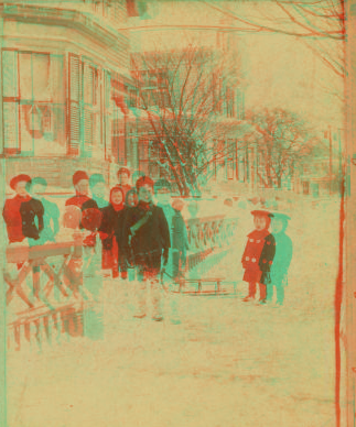 [Children in the winter in front of a house.] 1865?-1899