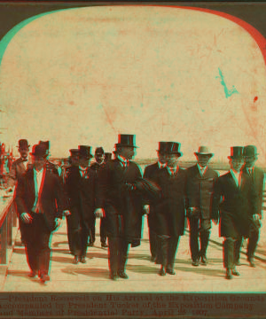 President Roosevelt on his arrival at the exposition grounds, accompanied by President Tucker of the Exposition Company and members of the Presidential Party, April 26, 1907. c1907 1865?-1907